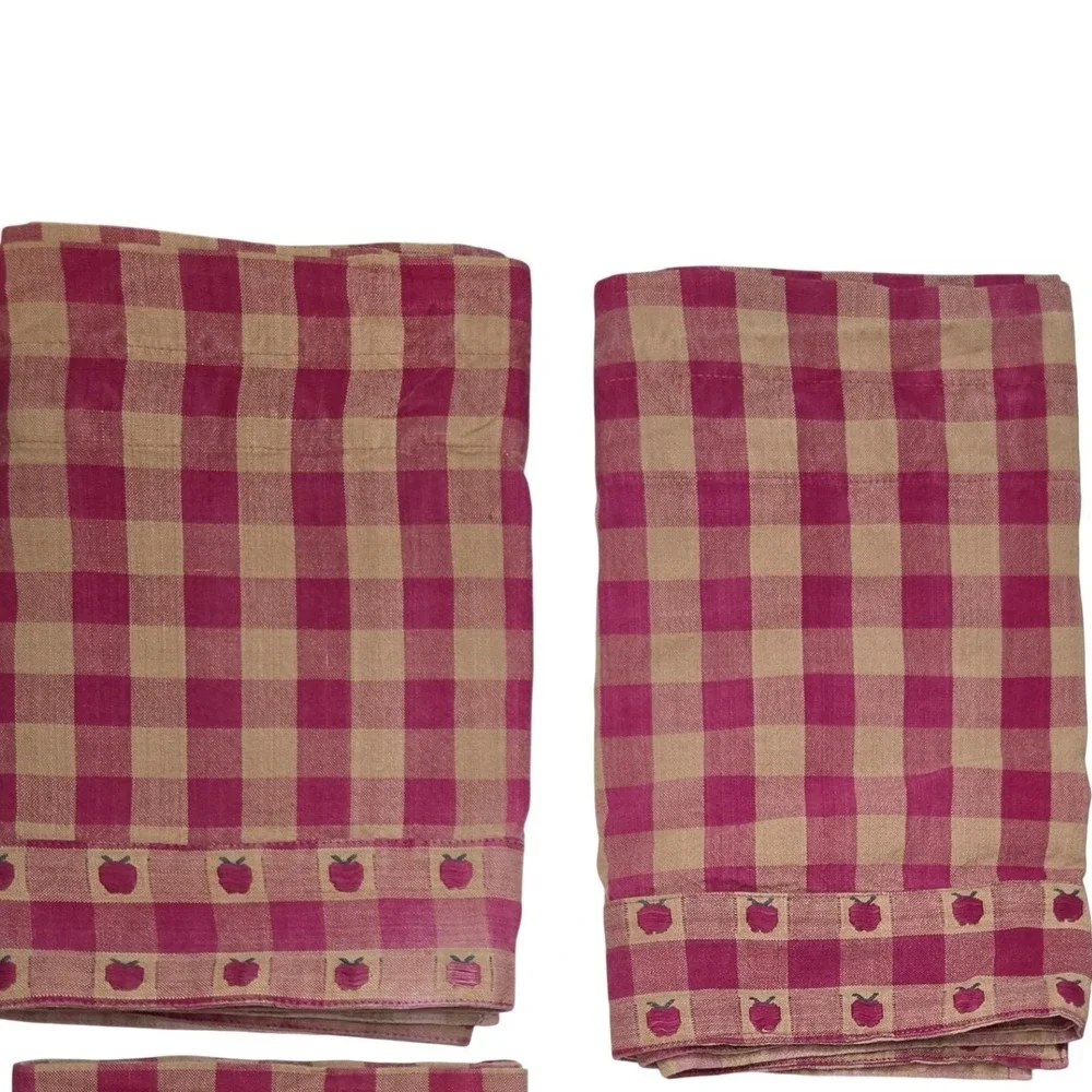 Vtg Country Gingham Apple Embroidered Window Valance Set 2 Panels Burgundy READ